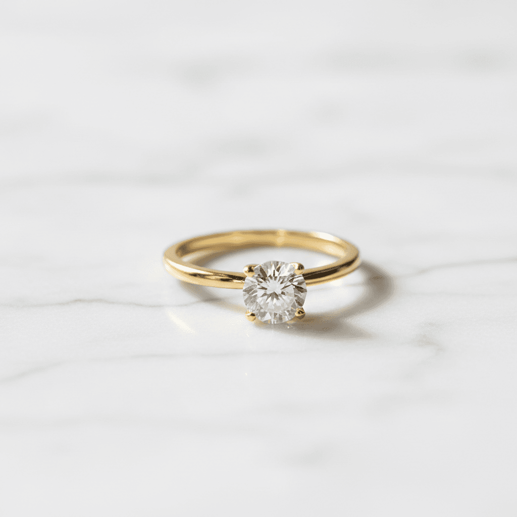 Gold plated solitaire ring with a single round diamond on a white marble surface — luxury jewellery