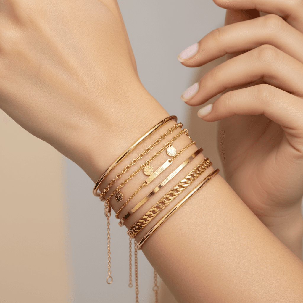 Gold plated stacked bracelets layered on a wrist — minimalist luxury jewellery style