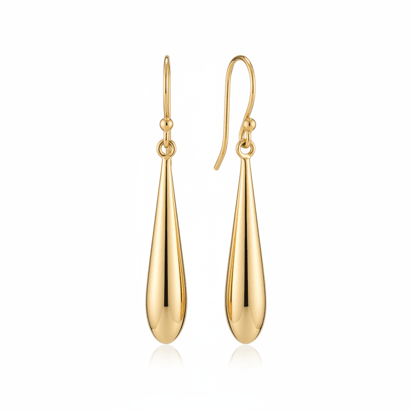 Gold plated teardrop dangle earrings with polished finish on white background
