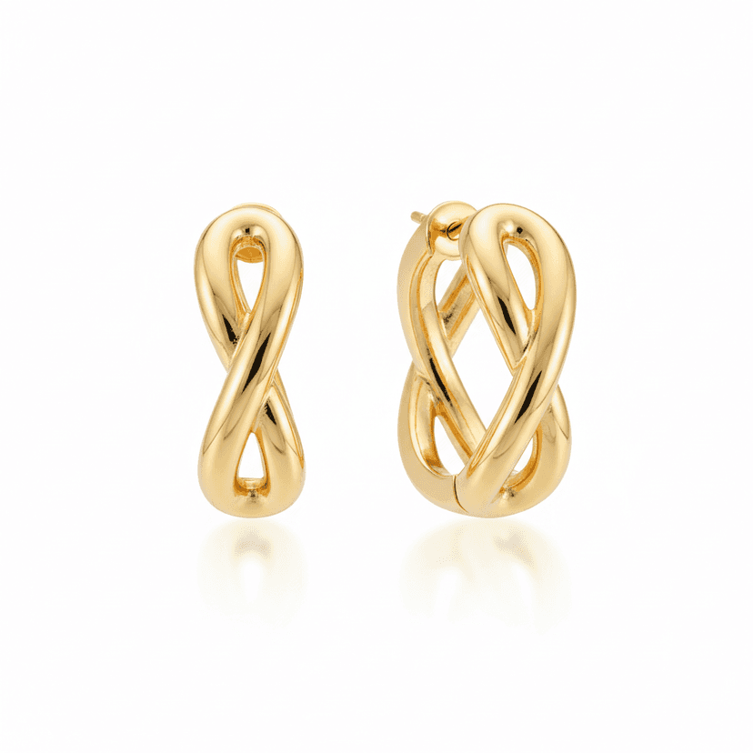 Modern gold plated twisted hoop earrings with geometric design on white background