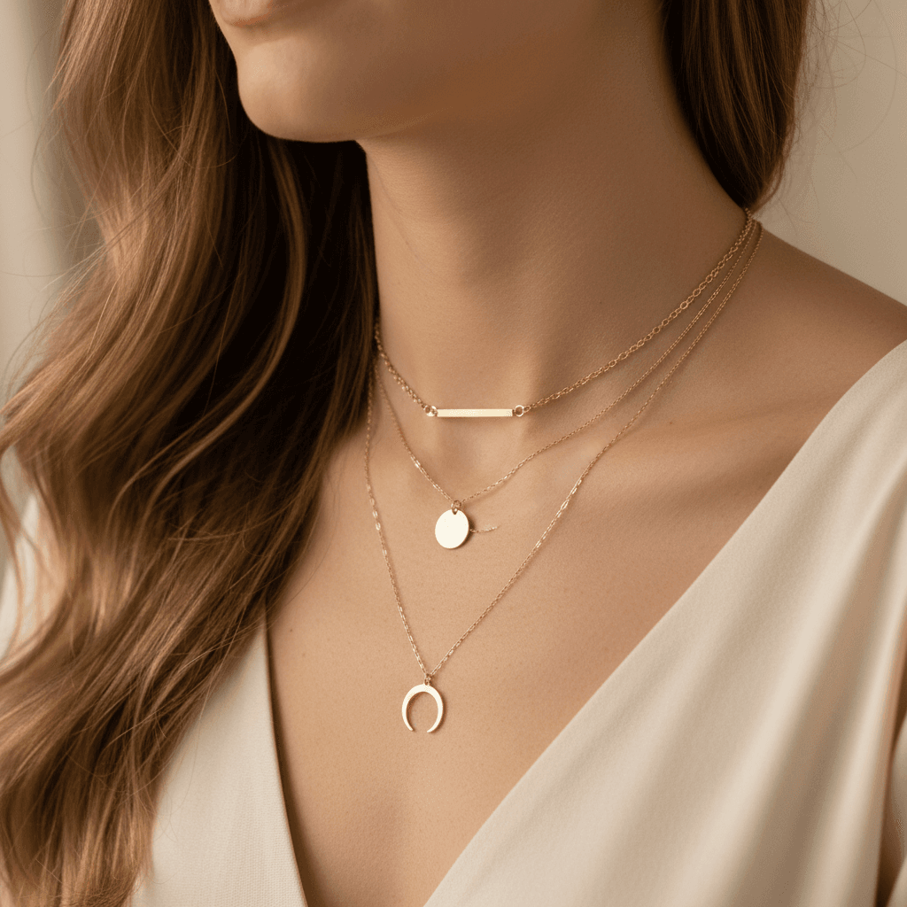 Stacked layered gold chain necklaces of different lengths — modern minimalist jewellery